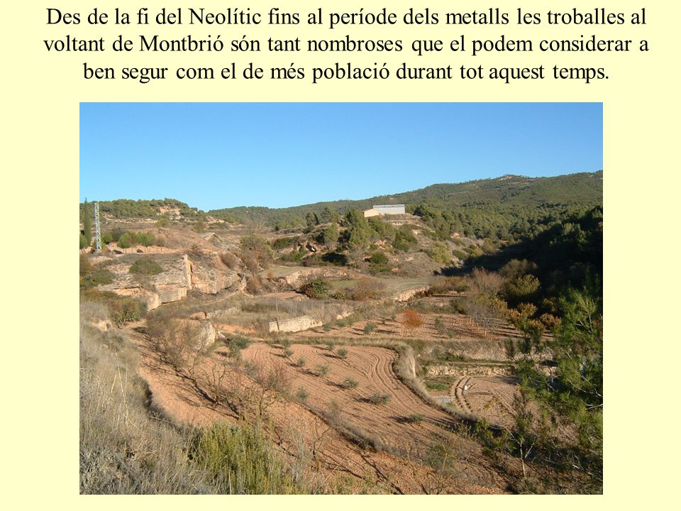 Des de la fi del Neolític fins al període dels metalls les troballes al voltant de Montbrió són tant nombroses que el podem considerar a ben segur com el de més població durant tot aquest temps.
