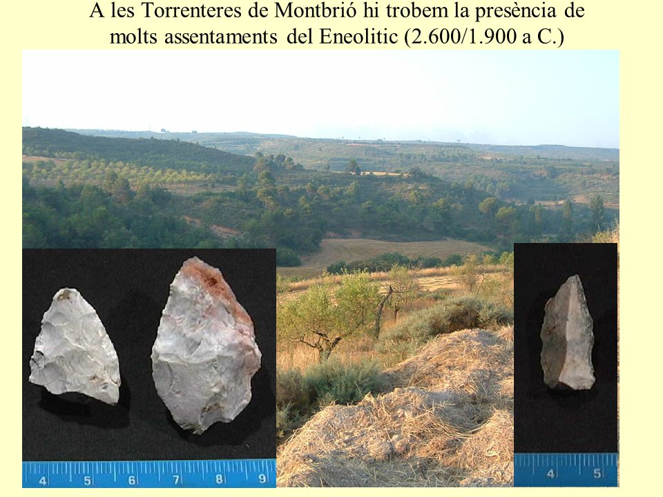 A les Torrenteres de Montbrió hi trobem la presència de molts assentaments del Eneolitic (2.600/1.900 a C.)
