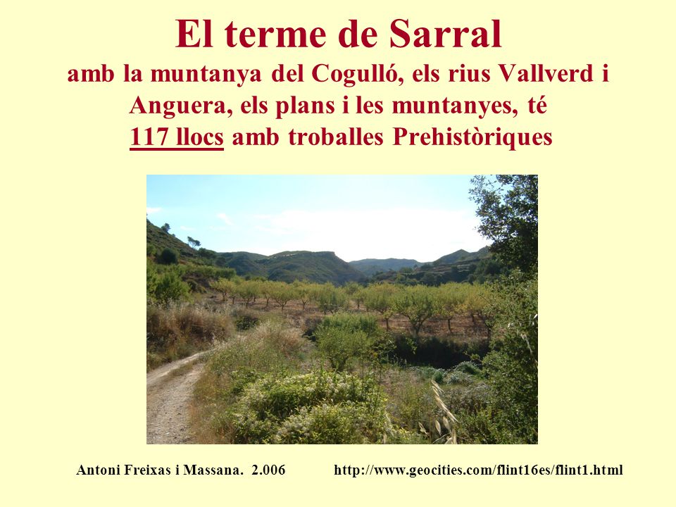 El terme de Sarral amb la muntanya del Cogulló, els rius Vallverd i Anguera, els plans i les muntanyes, té 117 llocs amb troballes Prehistòriques