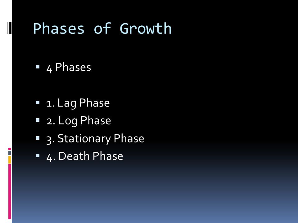 Phases of Growth 4 Phases 1. Lag Phase 2. Log Phase