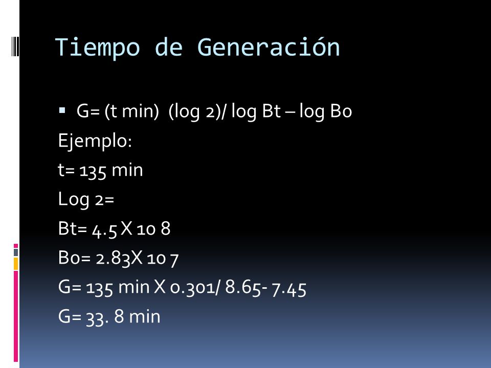 Tiempo de Generación G= (t min) (log 2)/ log Bt – log B0 Ejemplo: