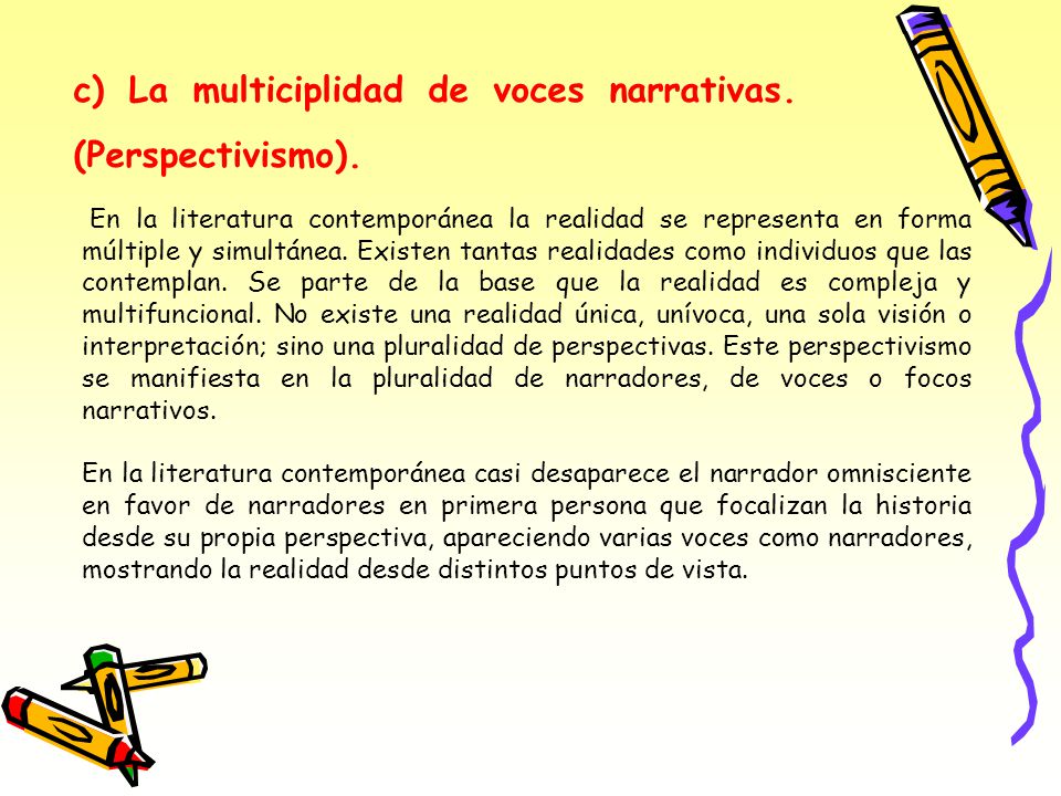 c) La multiciplidad de voces narrativas. (Perspectivismo).