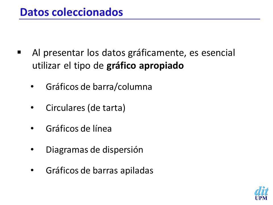 Datos coleccionados Al presentar los datos gráficamente, es esencial utilizar el tipo de gráfico apropiado.