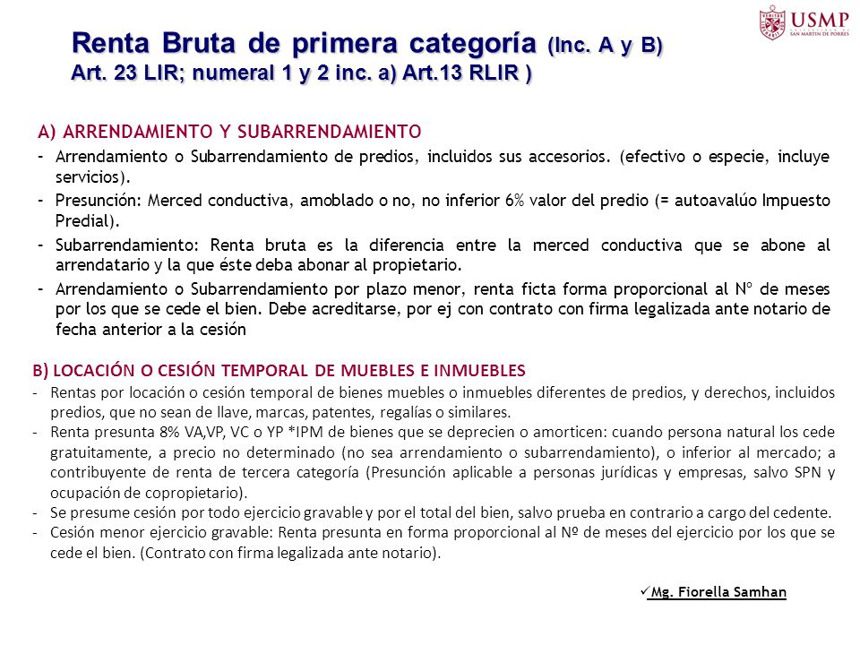 Renta Bruta de primera categoría (Inc. A y B) Art