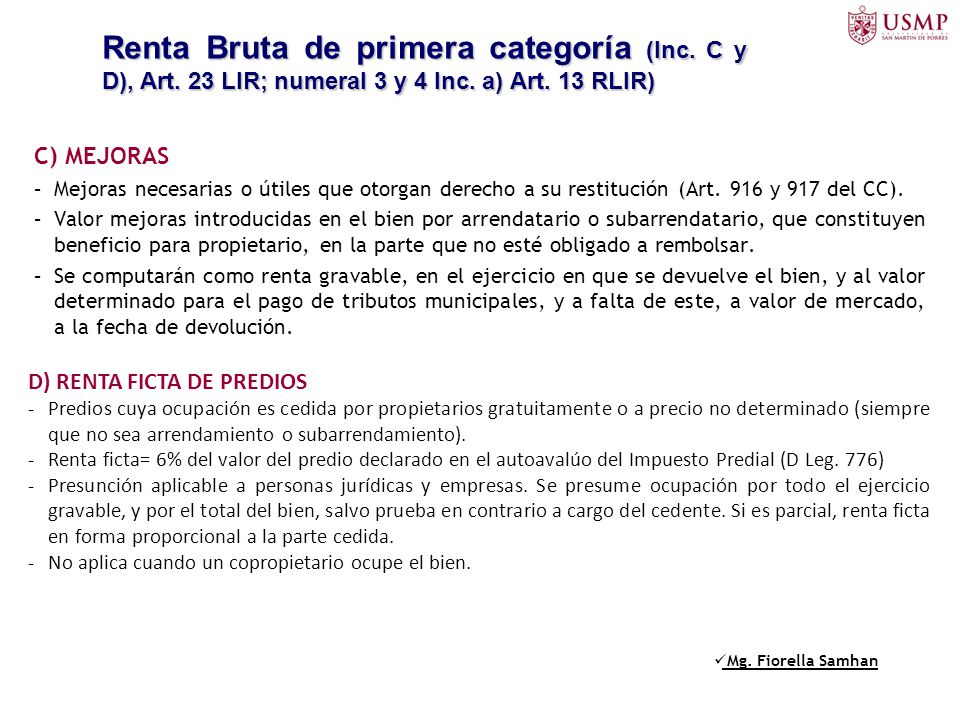 Renta Bruta de primera categoría (Inc. C y D), Art