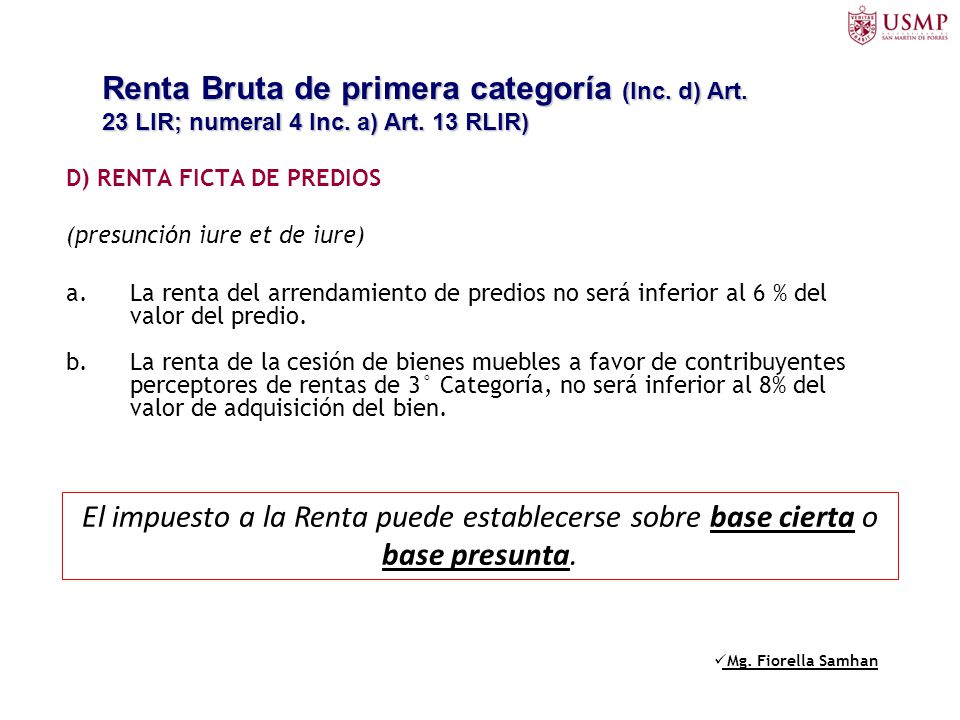 Renta Bruta de primera categoría (Inc. d) Art. 23 LIR; numeral 4 Inc