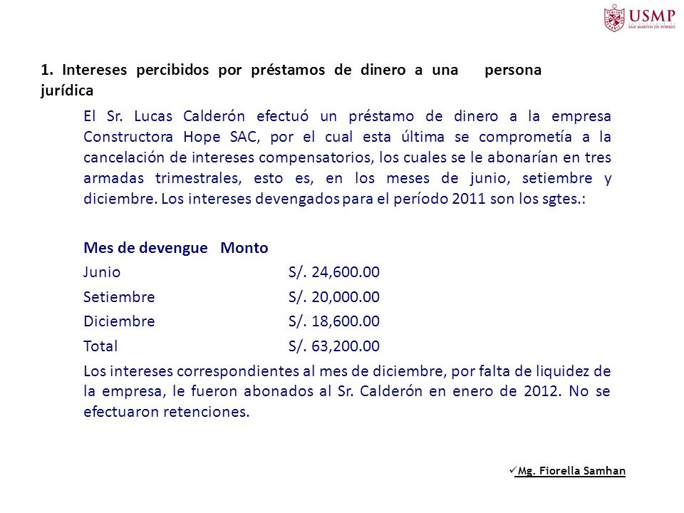 1. Intereses percibidos por préstamos de dinero a una persona jurídica
