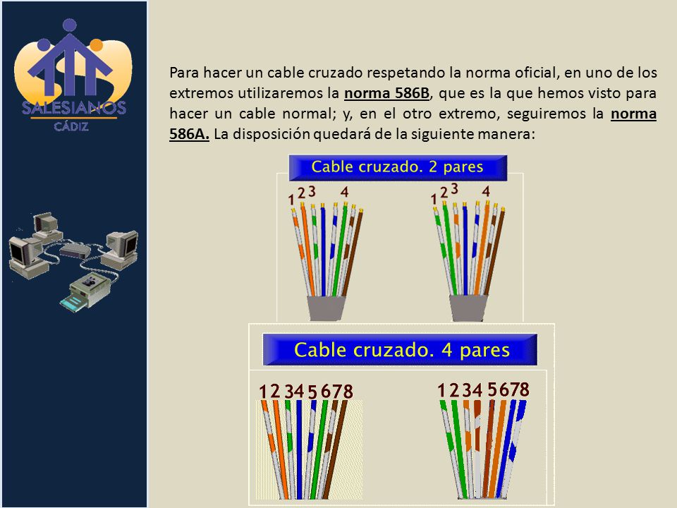 Para hacer un cable cruzado respetando la norma oficial, en uno de los extremos utilizaremos la norma 586B, que es la que hemos visto para hacer un cable normal; y, en el otro extremo, seguiremos la norma 586A.