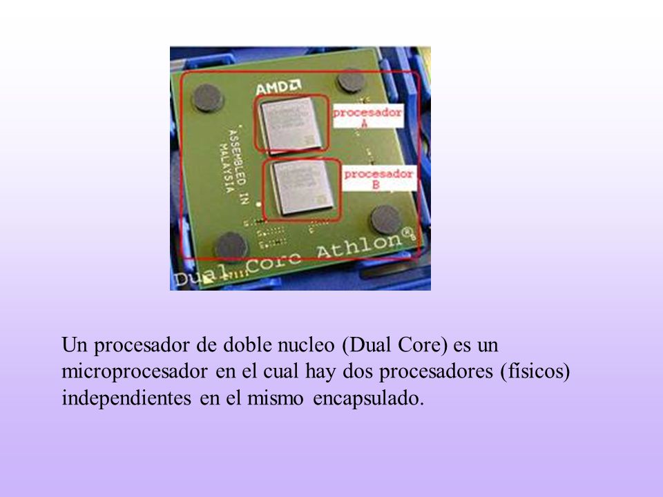 Un procesador de doble nucleo (Dual Core) es un microprocesador en el cual hay dos procesadores (físicos) independientes en el mismo encapsulado.