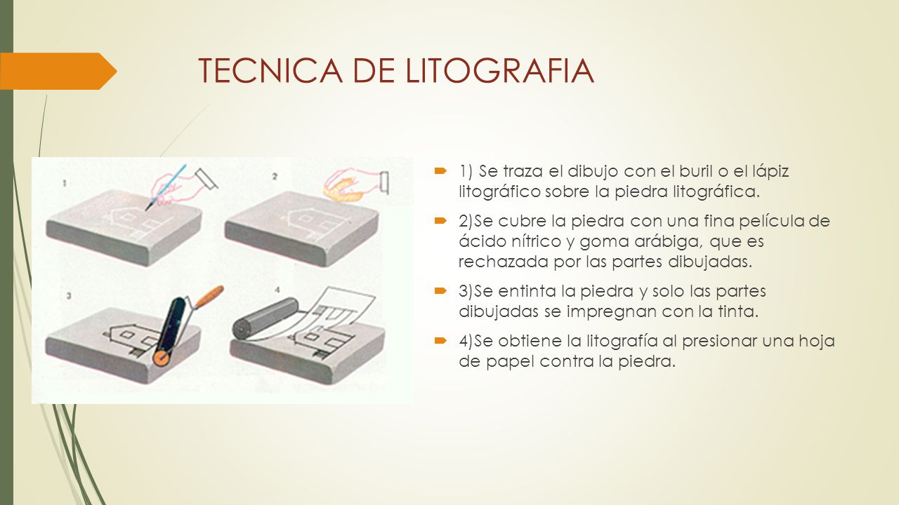 TECNICA DE LITOGRAFIA 1) Se traza el dibujo con el buril o el lápiz litográfico sobre la piedra litográfica.