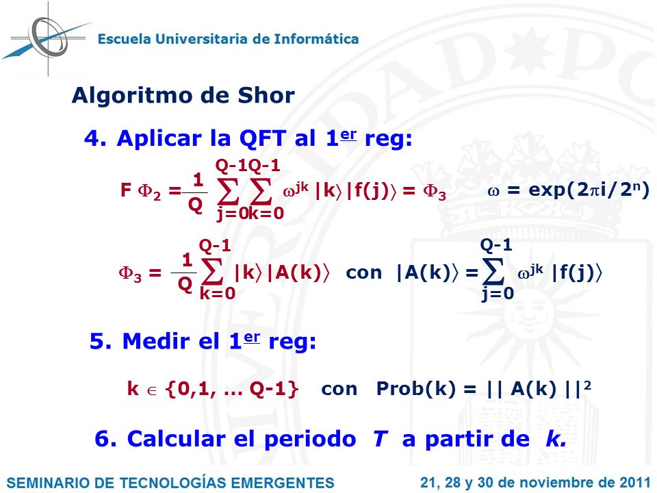    Algoritmo de Shor Aplicar la QFT al 1er reg: Medir el 1er reg: