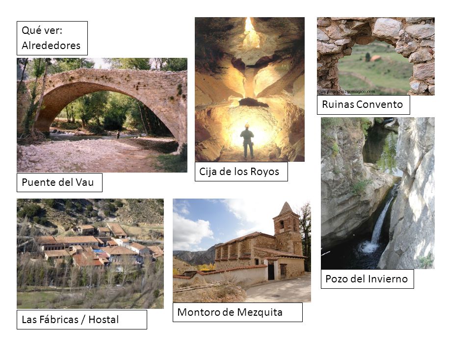 Qué ver: Alrededores. Ruinas Convento. Cija de los Royos. Puente del Vau. Pozo del Invierno. Montoro de Mezquita.