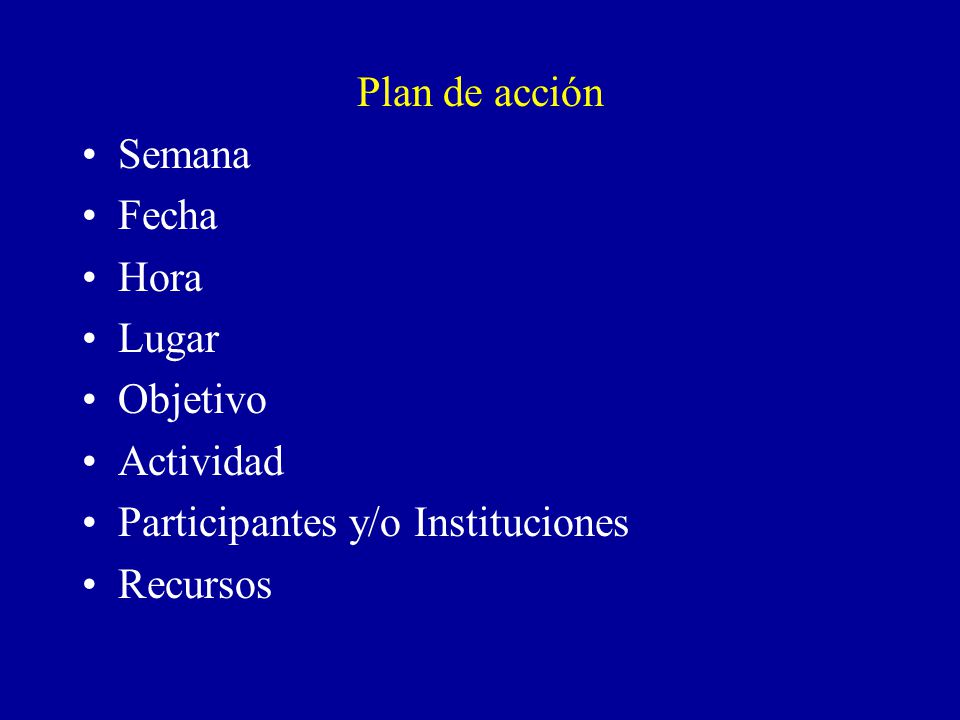 Plan de acción Semana Fecha Hora Lugar Objetivo Actividad Participantes y/o Instituciones Recursos