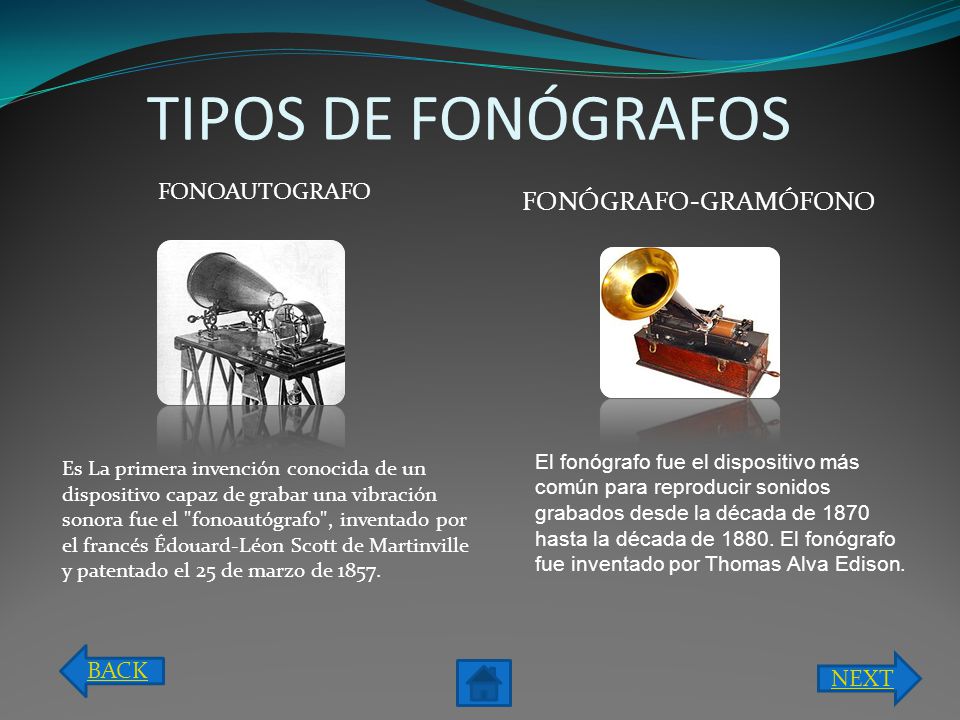 TIPOS DE FONÓGRAFOS FONÓGRAFO-GRAMÓFONO FONOAUTOGRAFO BACK NEXT
