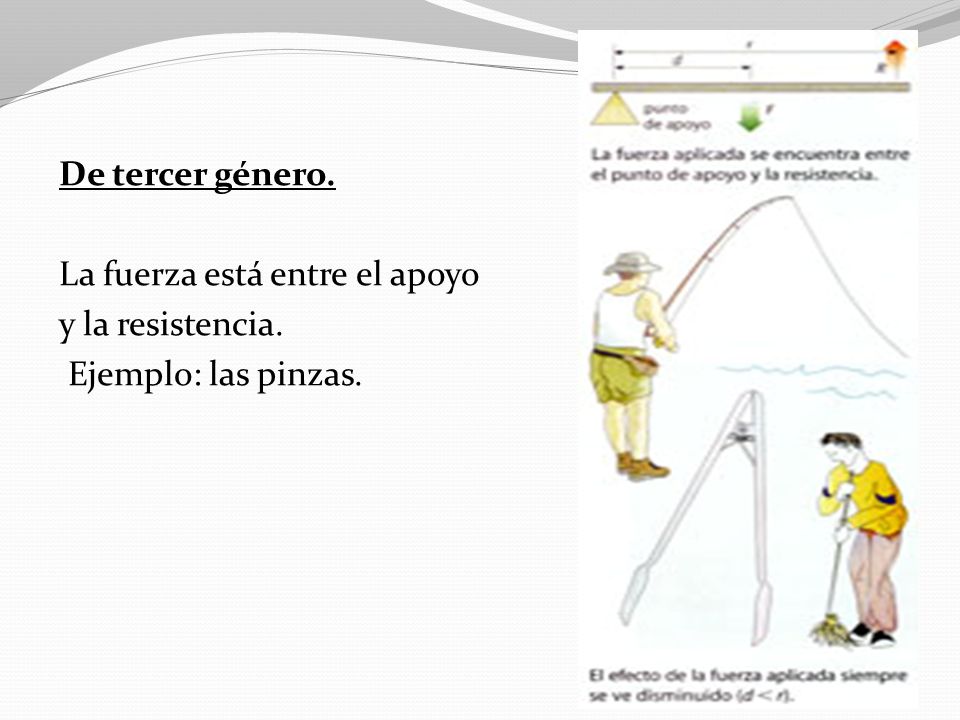 De tercer género. La fuerza está entre el apoyo y la resistencia. Ejemplo: las pinzas.