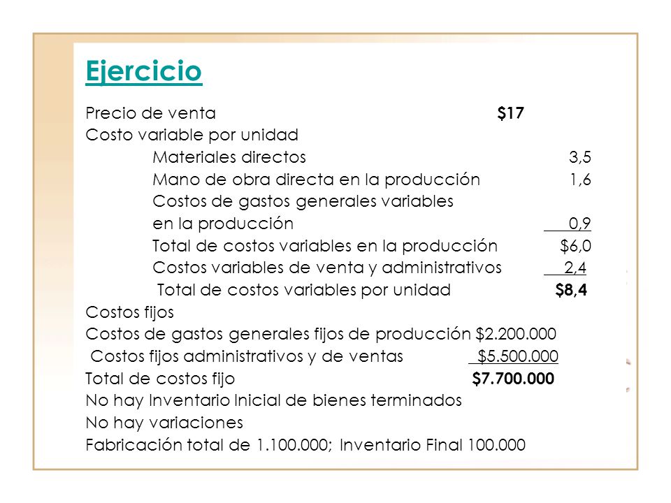 Ejercicio Precio de venta $17 Costo variable por unidad
