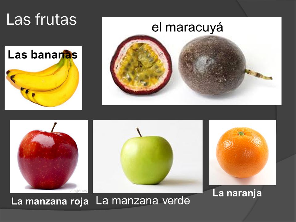 Las frutas Elel maracuyá Las bananas La manzana verde La naranja