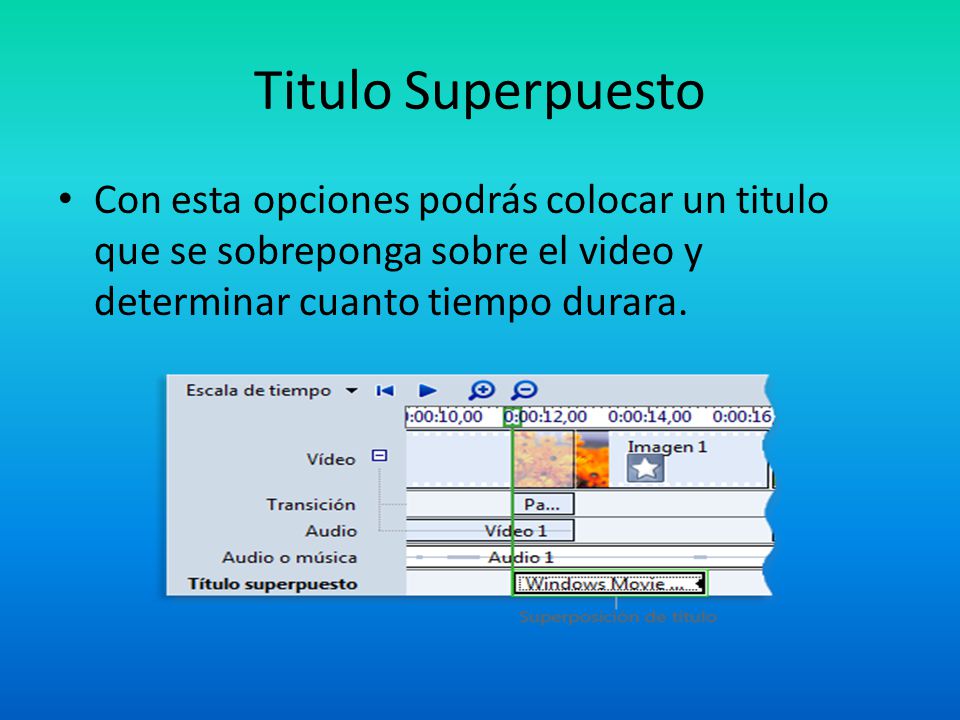 Titulo Superpuesto Con esta opciones podrás colocar un titulo que se sobreponga sobre el video y determinar cuanto tiempo durara.