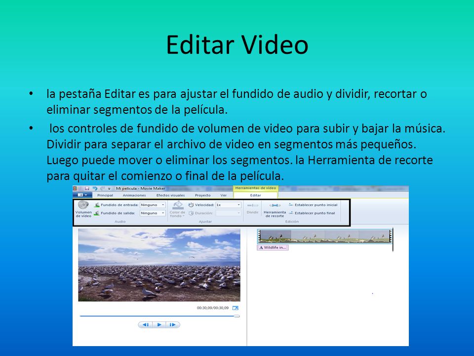 Editar Video la pestaña Editar es para ajustar el fundido de audio y dividir, recortar o eliminar segmentos de la película.