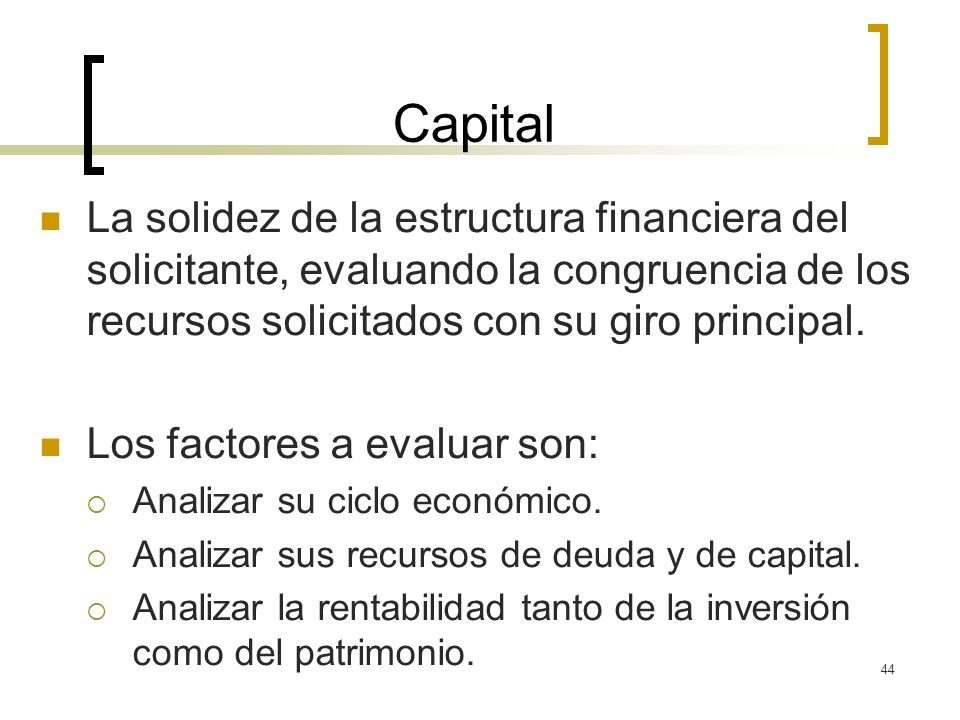Capital La solidez de la estructura financiera del solicitante, evaluando la congruencia de los recursos solicitados con su giro principal.