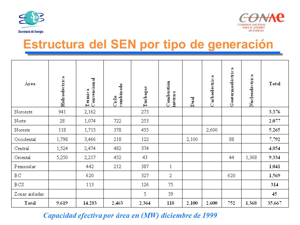 Capacidad efectiva por área en (MW) diciembre de 1999