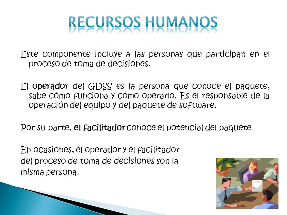 Recursos humanos Este componente incluye a las personas que participan en el proceso de toma de decisiones.
