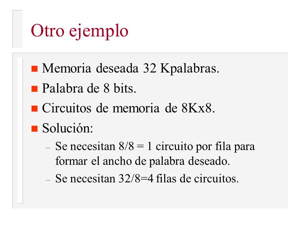 Otro ejemplo Memoria deseada 32 Kpalabras. Palabra de 8 bits.