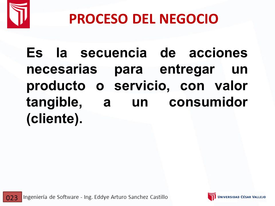 PROCESO DEL NEGOCIO Es la secuencia de acciones necesarias para entregar un producto o servicio, con valor tangible, a un consumidor (cliente).