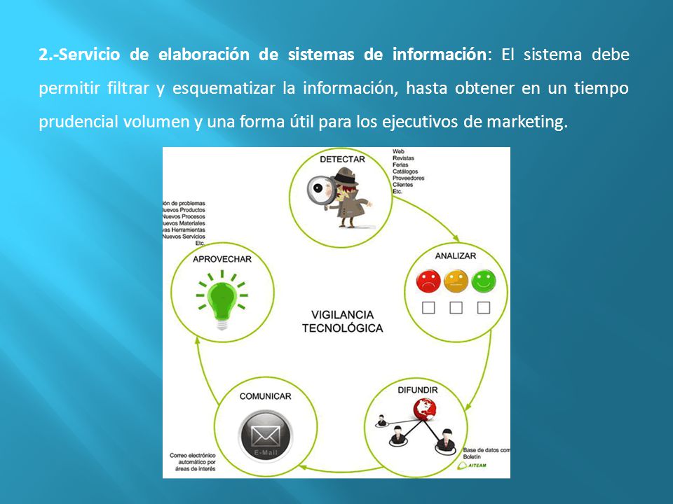2.-Servicio de elaboración de sistemas de información: El sistema debe permitir filtrar y esquematizar la información, hasta obtener en un tiempo prudencial volumen y una forma útil para los ejecutivos de marketing.