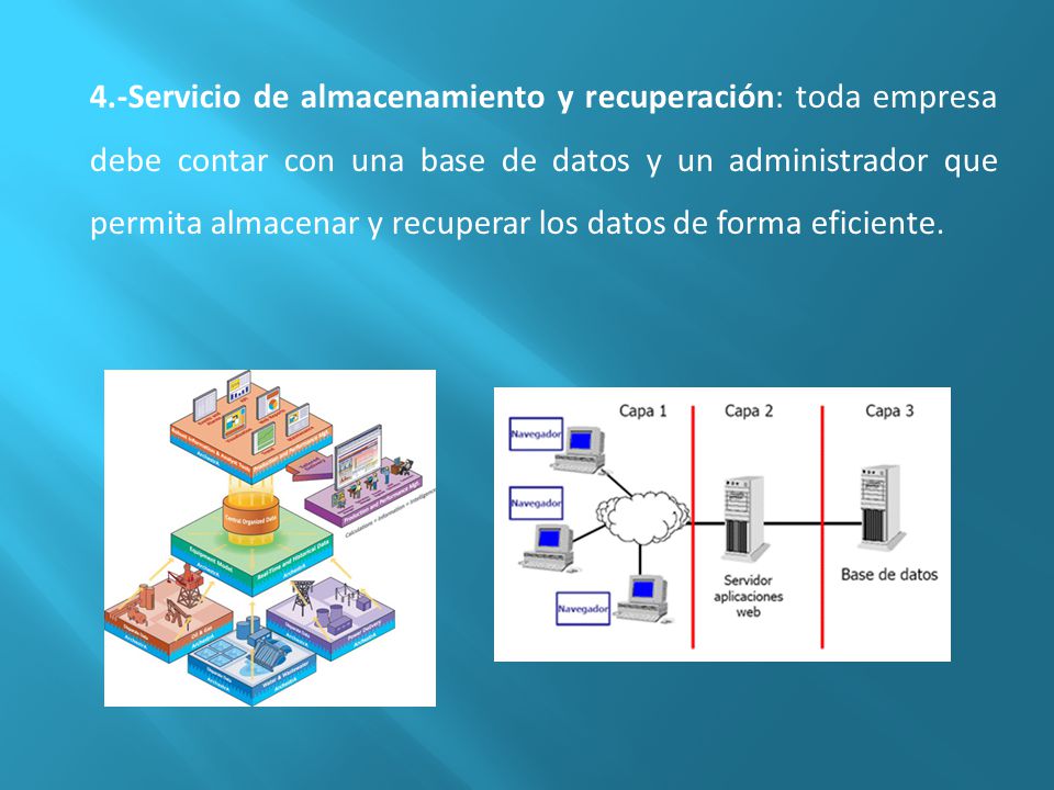 4.-Servicio de almacenamiento y recuperación: toda empresa debe contar con una base de datos y un administrador que permita almacenar y recuperar los datos de forma eficiente.