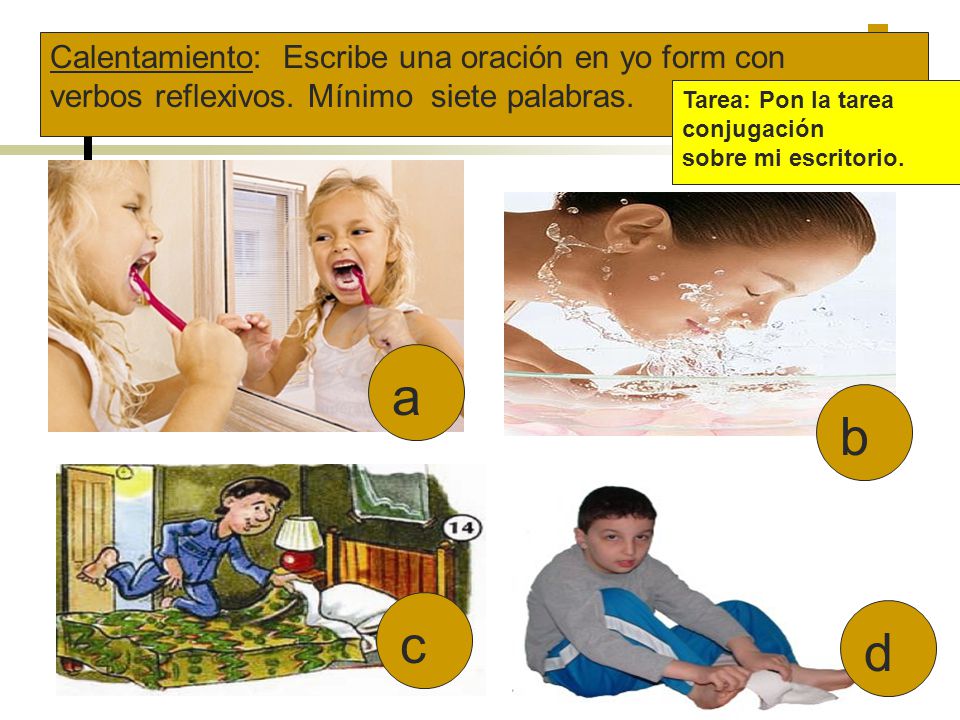 a b c d Calentamiento: Escribe una oración en yo form con