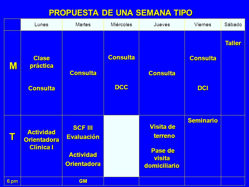 M T PROPUESTA DE UNA SEMANA TIPO Clase práctica Taller Consulta DCC