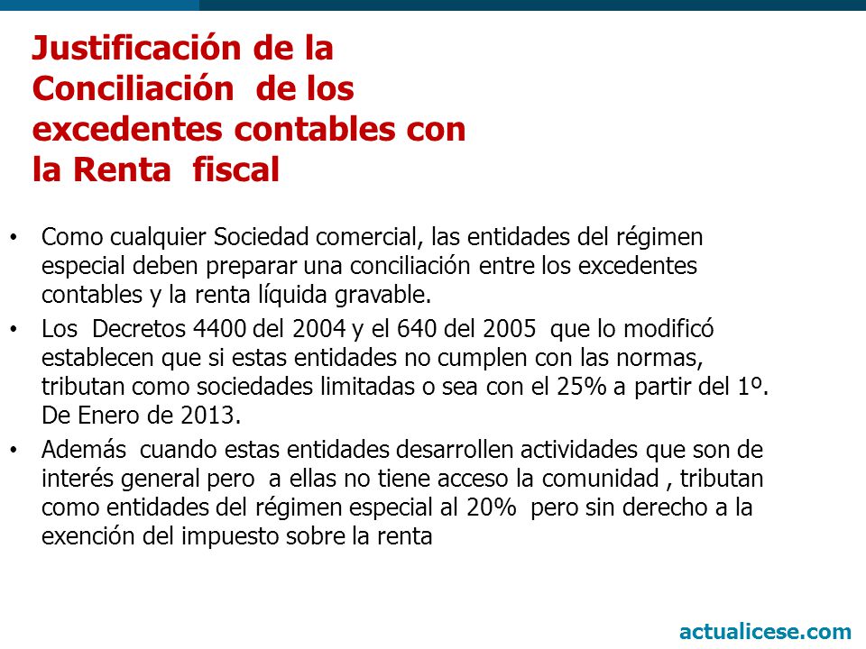 Justificación de la Conciliación de los excedentes contables con la Renta fiscal