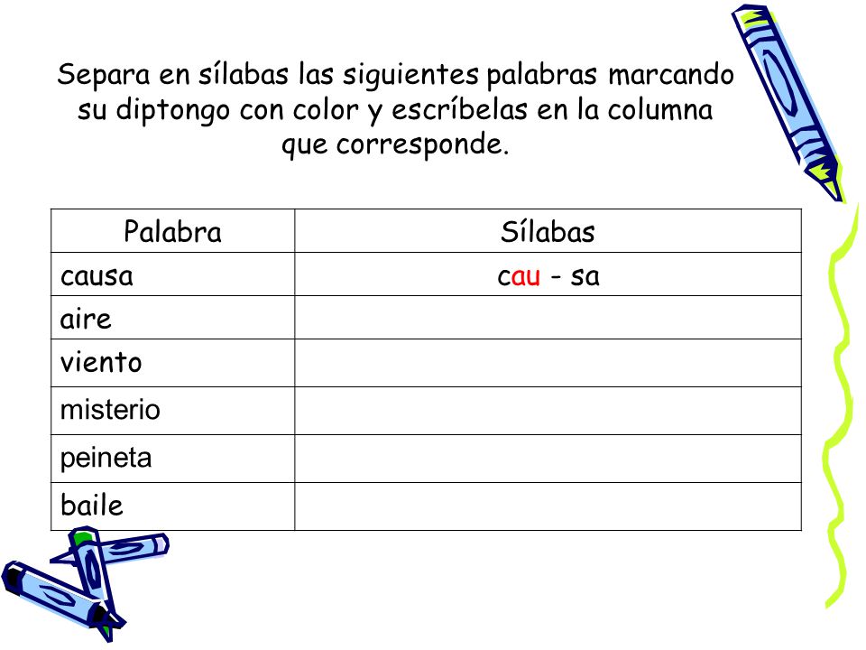 Separa en sílabas las siguientes palabras marcando su diptongo con color y escríbelas en la columna que corresponde.