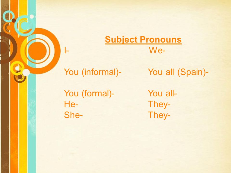 Subject Pronouns I- We- You (informal)- You all (Spain)- You (formal)- You all-