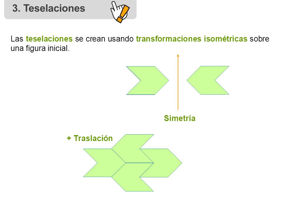 3. Teselaciones Las teselaciones se crean usando transformaciones isométricas sobre una figura inicial.