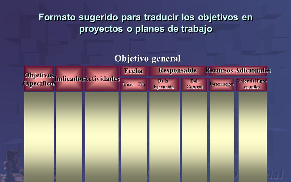 Formato sugerido para traducir los objetivos en proyectos o planes de trabajo