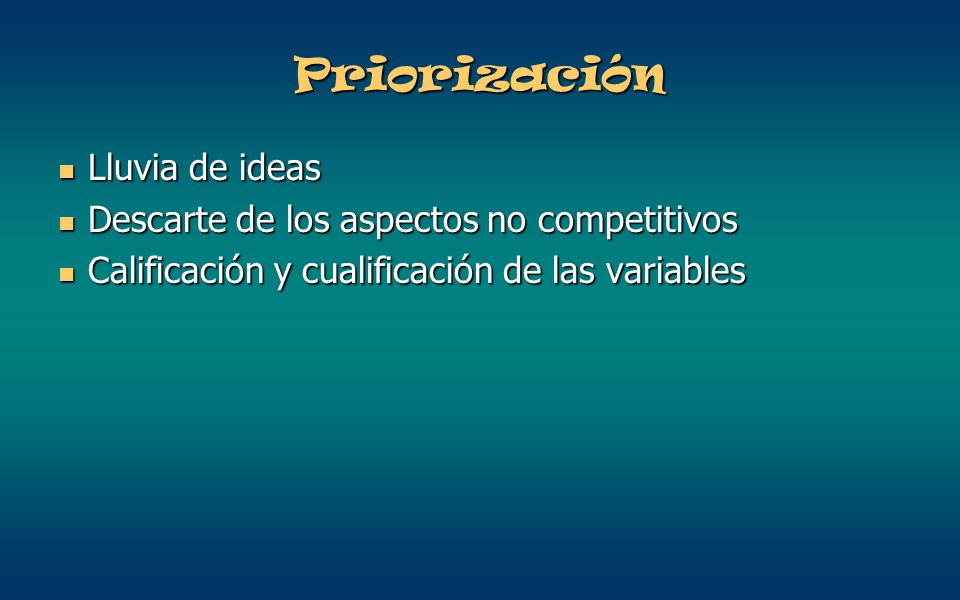 Priorización Lluvia de ideas Descarte de los aspectos no competitivos
