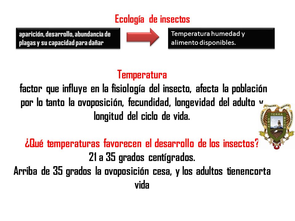 Ecología de insectos aparición, desarrollo, abundancia de plagas y su capacidad para dañar. Temperatura humedad y alimento disponibles.