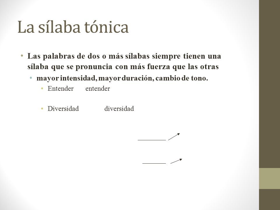 La sílaba tónica Las palabras de dos o más sílabas siempre tienen una sílaba que se pronuncia con más fuerza que las otras.