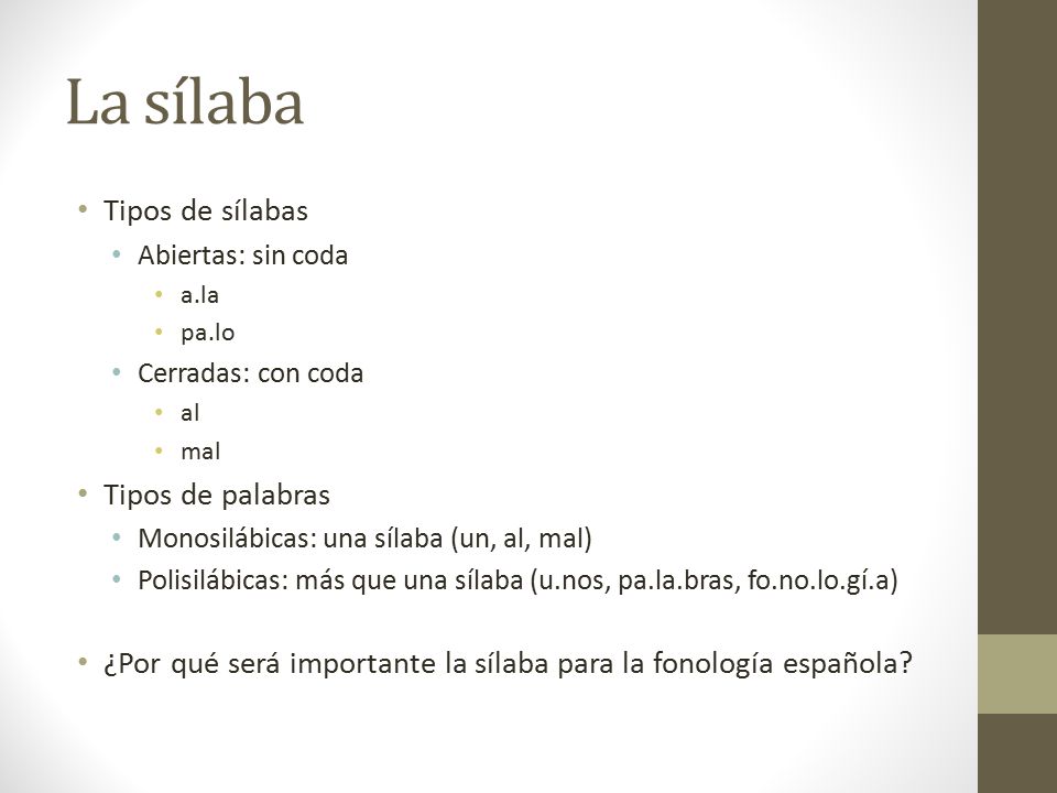 La sílaba Tipos de sílabas Tipos de palabras