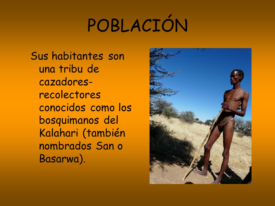 POBLACIÓN Sus habitantes son una tribu de cazadores-recolectores conocidos como los bosquimanos del Kalahari (también nombrados San o Basarwa).