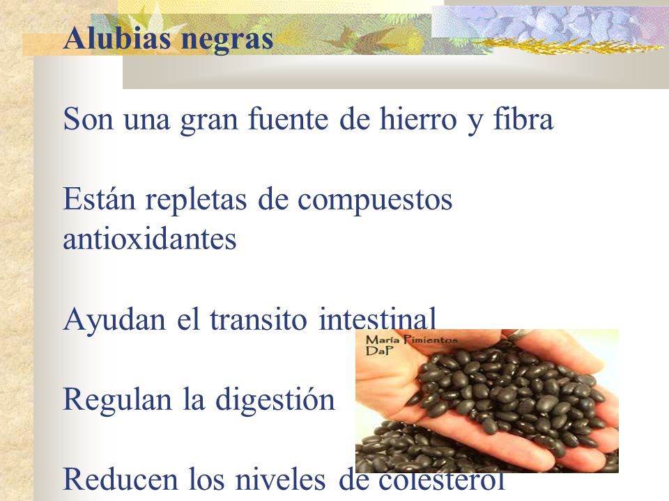 Alubias negras Son una gran fuente de hierro y fibra Están repletas de compuestos antioxidantes Ayudan el transito intestinal Regulan la digestión Reducen los niveles de colesterol