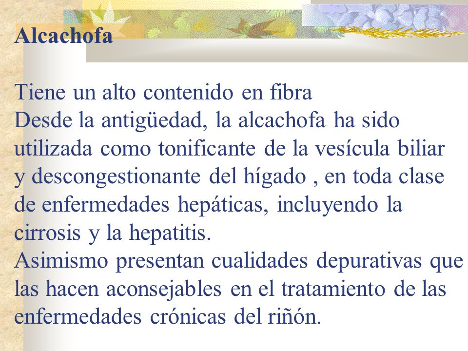 Alcachofa Tiene un alto contenido en fibra Desde la antigüedad, la alcachofa ha sido utilizada como tonificante de la vesícula biliar y descongestionante del hígado , en toda clase de enfermedades hepáticas, incluyendo la cirrosis y la hepatitis.