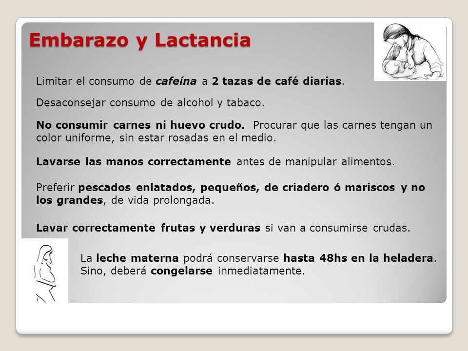 Embarazo y Lactancia Limitar el consumo de cafeína a 2 tazas de café diarias. Desaconsejar consumo de alcohol y tabaco.