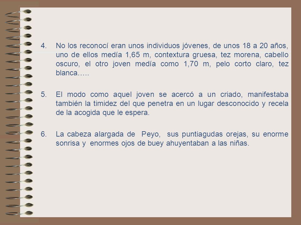 No los reconocí eran unos individuos jóvenes, de unos 18 a 20 años, uno de ellos medía 1,65 m, contextura gruesa, tez morena, cabello oscuro, el otro joven medía como 1,70 m, pelo corto claro, tez blanca…..