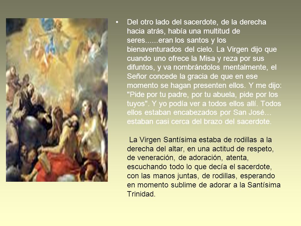 Del otro lado del sacerdote, de la derecha hacia atrás, había una multitud de seres......eran los santos y los bienaventurados del cielo.