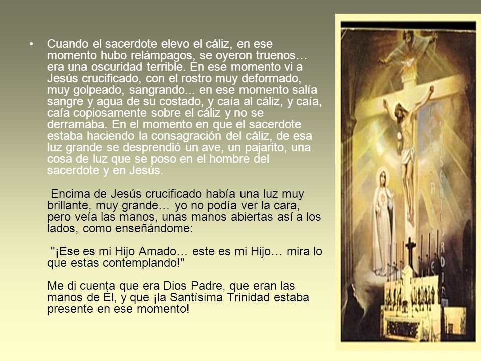 Cuando el sacerdote elevo el cáliz, en ese momento hubo relámpagos, se oyeron truenos… era una oscuridad terrible.