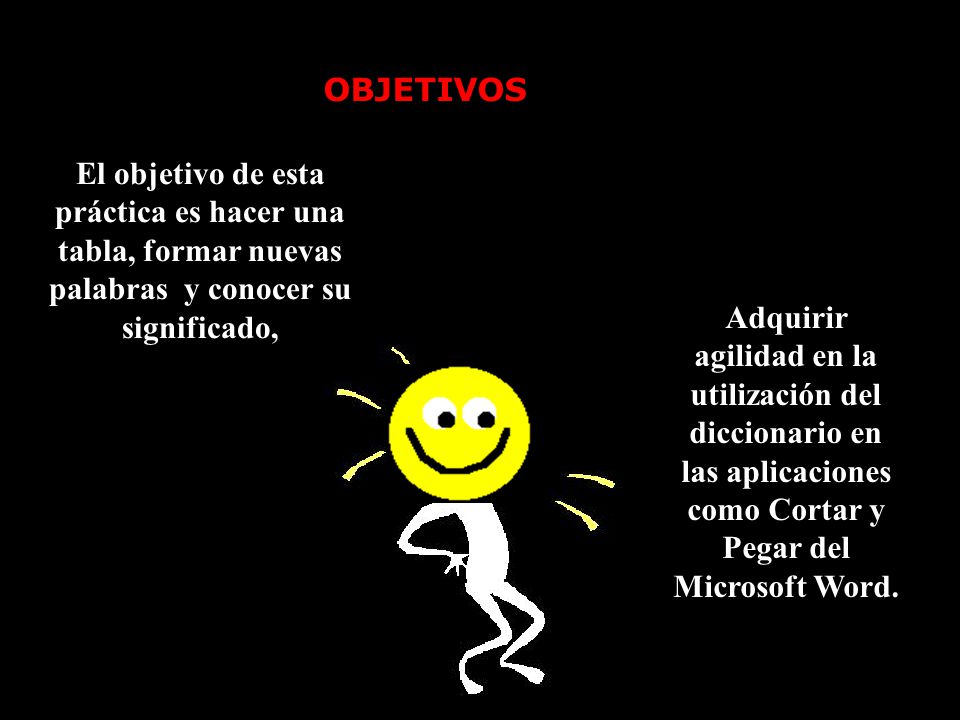 OBJETIVOS El objetivo de esta práctica es hacer una tabla, formar nuevas palabras y conocer su significado,