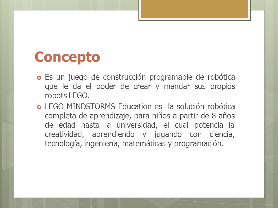 Concepto Es un juego de construcción programable de robótica que le da el poder de crear y mandar sus propios robots LEGO.